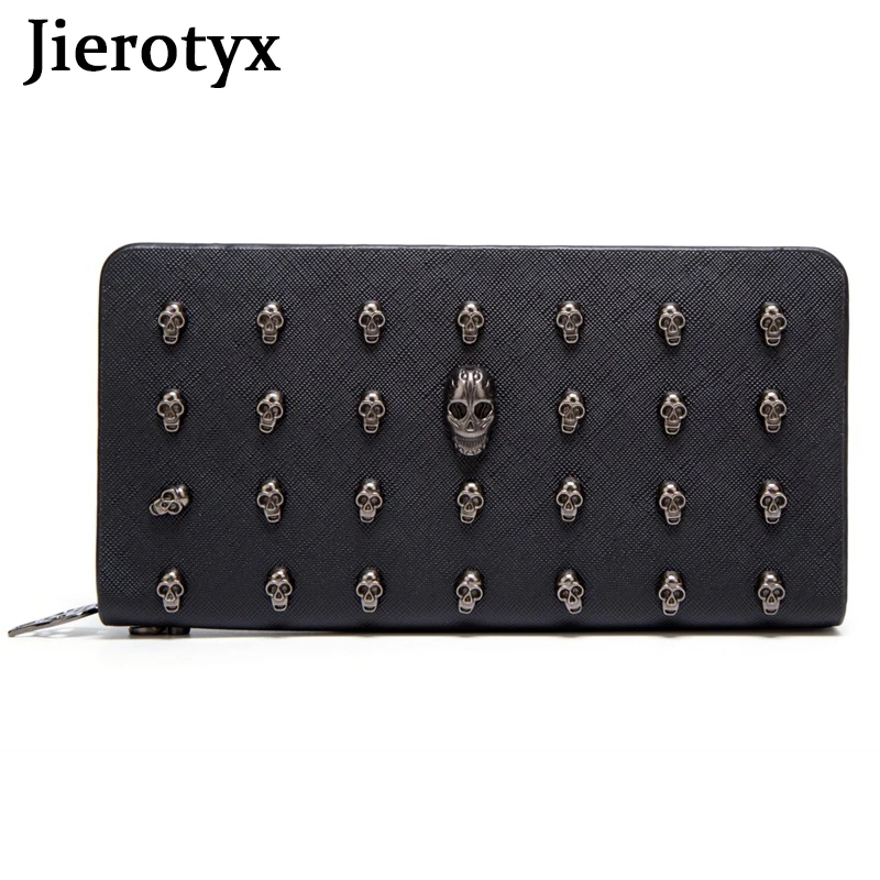 

JIEROTYX Women's Black Long Skull Studded Purses Leather Card Holder Wallet for Women Goth Wristlet Purses Clutch Black Zipper