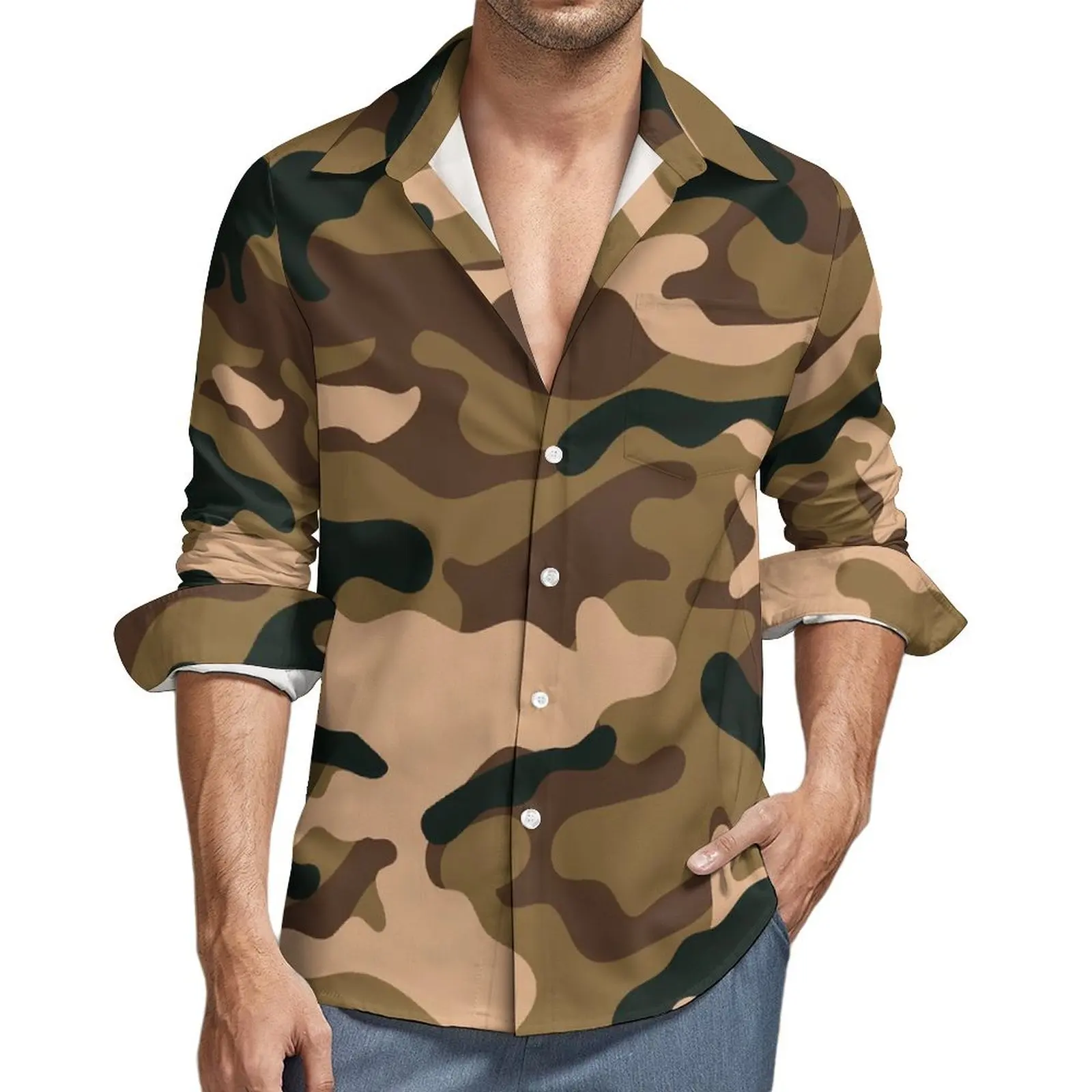 

Camouflage Casual Shirts Green Brown Camo Retro Shirt Spring Stylish Oversized Blouse Man Long Sleeve Graphic Tops Gift