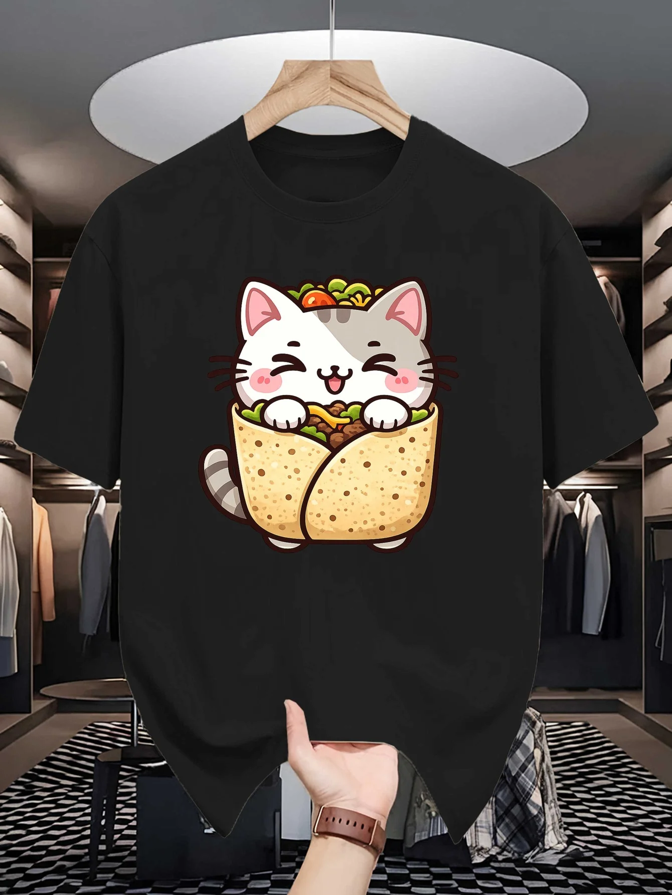 Cute Cat Burrito Graphic Mens Crew Neck T Shirt Kitten In Tortilla Soft Light Casual Summer Street Tee For Food Pet Cat Lovers