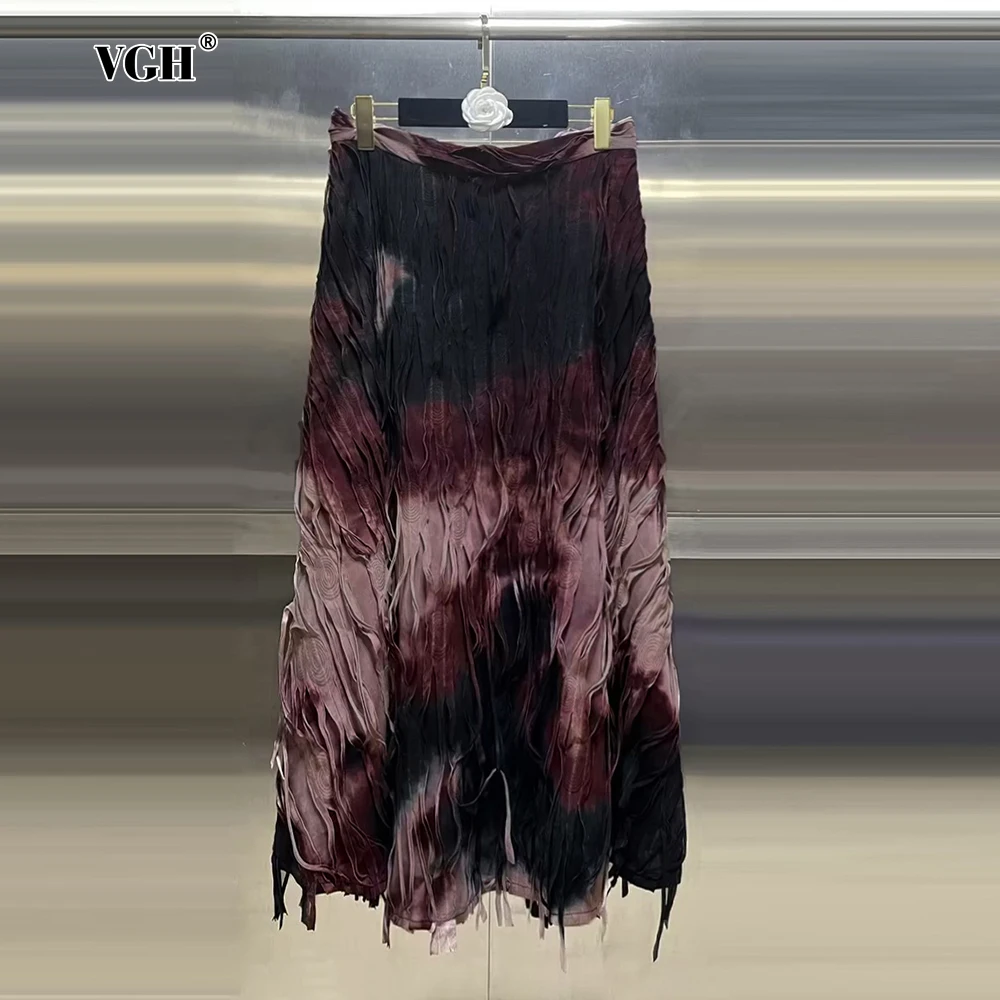

VGH Streetwear Hit Color Printing Folds Skirts For Women High Waist Spliced Zipper Casual A Line Long Skirt Female Fashion Style