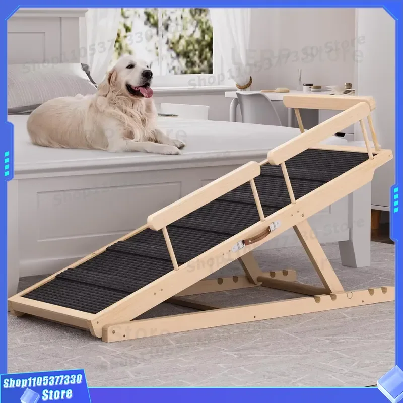 Adjustable Wooden Dog Ramp for High Bed Car Sofa 55 Inch Long Pet Stair with Side Rails Leash Pad Heavy Duty Support 250lbs