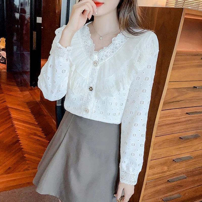 Women\'s Fashion Ruffles Embroidery Lace Hollow Out Button Up Shirt Fairy Sweet Chic Blouse Female Casual V Neck Long Sleeve Tops