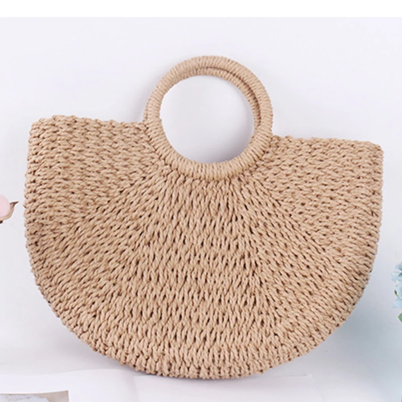 Summer Half-moon Straw Bag For Women Handmade Portable Handbag Large Capacity Beach Bag Basket Woven Top-handle Bag Purse Totes