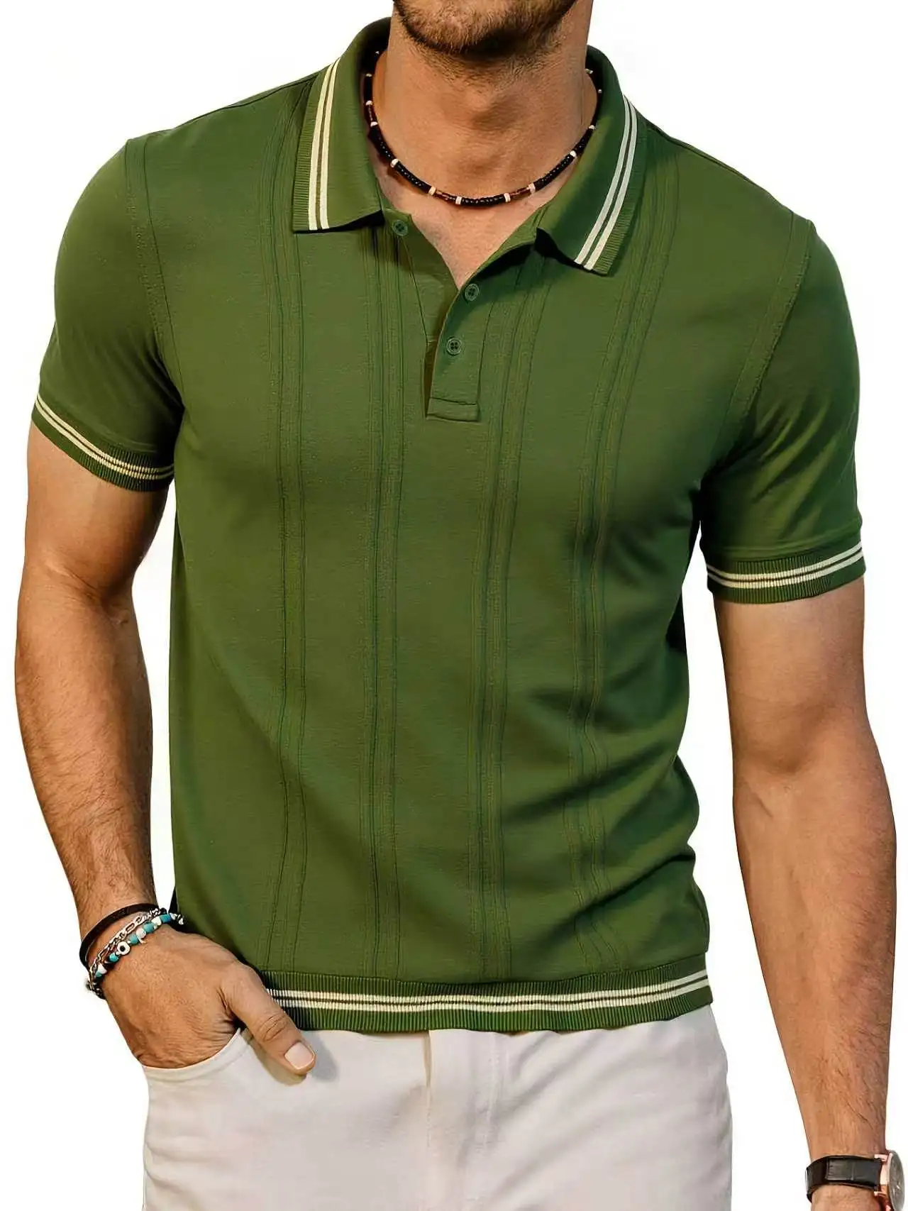 Aliexpress Men's casual lapel knitted POLO shirt short sleeve regular fit green cuff hem rib contrast business outdoor golf daily fashion classic men's Polo shirt retro stripe button knitted golf shirt top new style - Aliexpress Deal