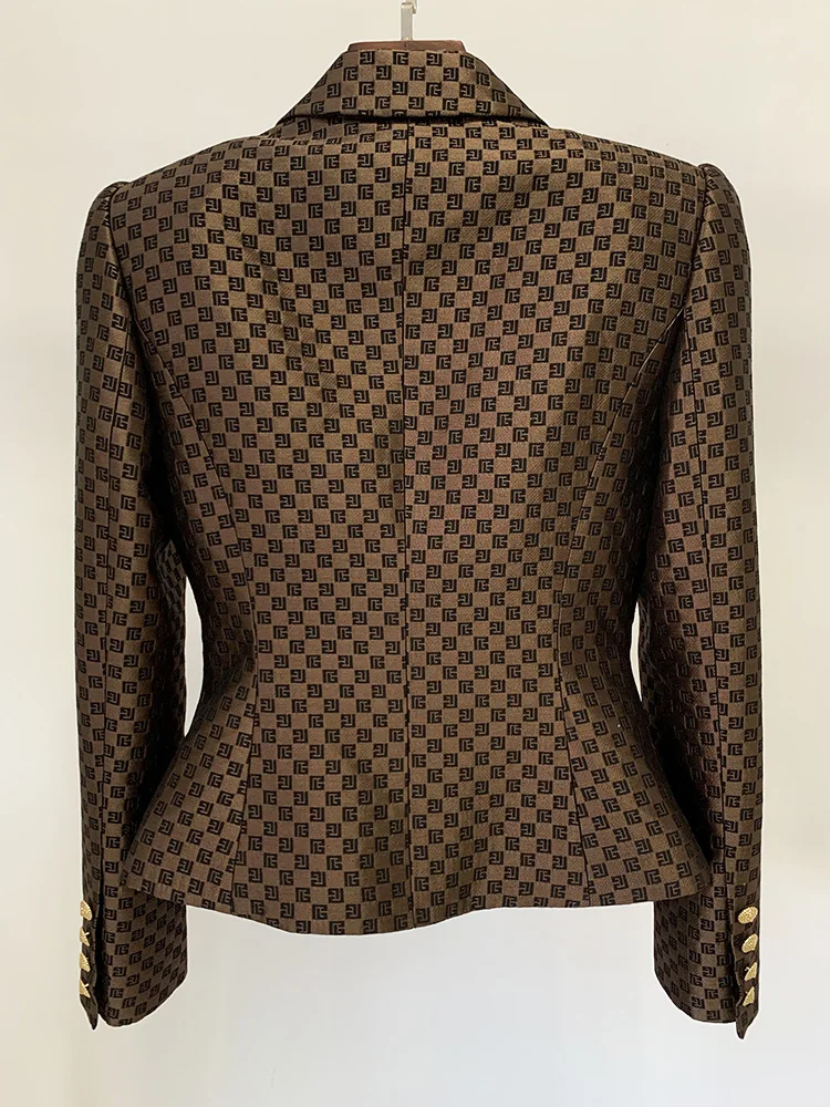 New Designer Brown Jacket Black Women Double Breasted Slim Fit Monogram Jacquard Office Business Wear Blazer Outfit High Quality