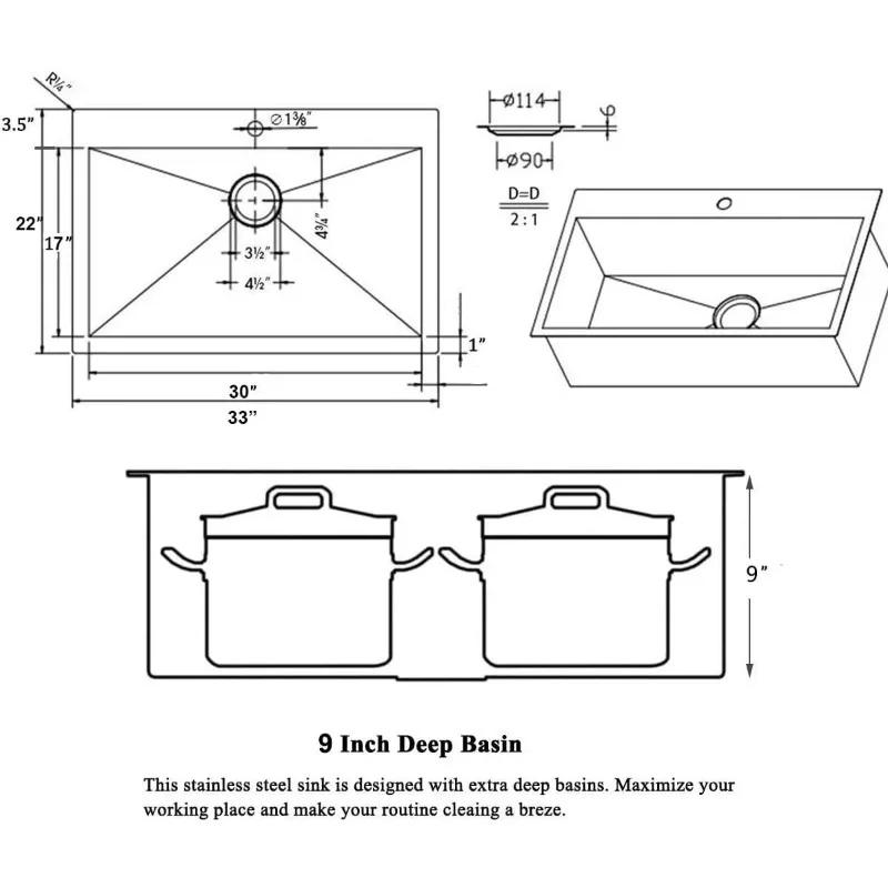 25x22 Inch Single Bowl Drop-In RV Utility Sink 16 Gauge 304 Stainless Steel Brushed Nickel Sinks Kitchen Kitchen Sink
