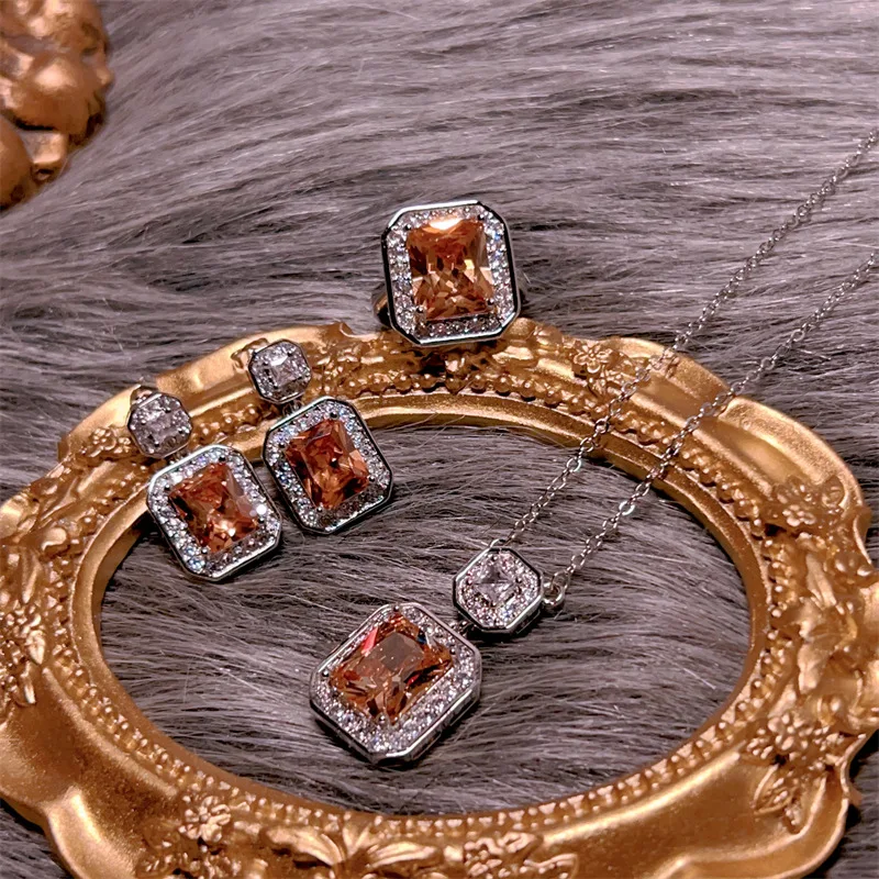 High end square micro inlaid diamonds orange gemstone jewelry sets silver 925 gorgeous dazling necklace earrings for women ring