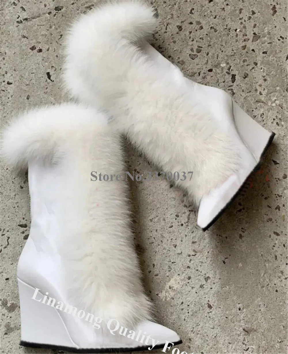 Linamong Newest Fur Fringes Mid-calf Wedge Boots Winter Sexy Pointed Toe Beige White Lace-up Warm Wedges Luxurious Boots