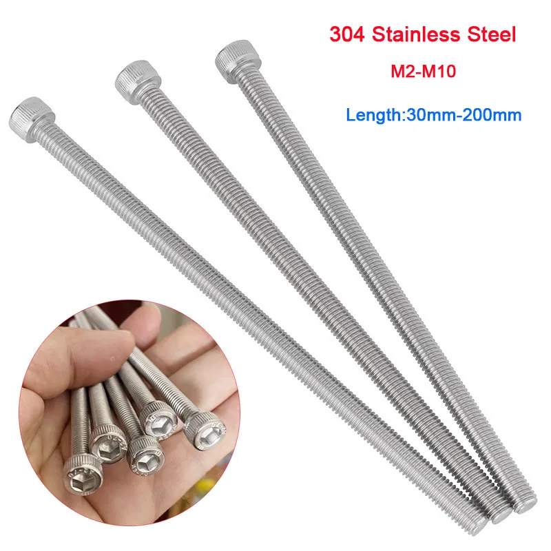 M6 M8 M10 304 Stainless Steel Extended Hexagon Socket Screw Cup Head Full Tooth Cylindrical Head Bolt Length 50mm-200mm