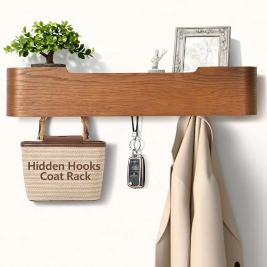 

Coat Rack Wall Mount with Hidden Modern Key Holder Wood Entryway Hook with Shelf for Bedroom Kitchen Hallway Bathroom Designed