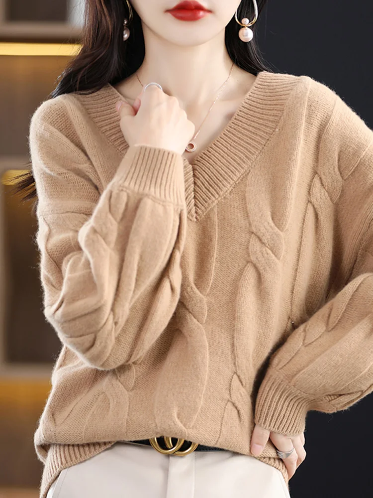 Yoyoselect 100% Merino Wool Women's V-neck Elegant Fashion Autumn Winter Pullover Cable Knit Sweater Warm Cozy Solid Color Coat