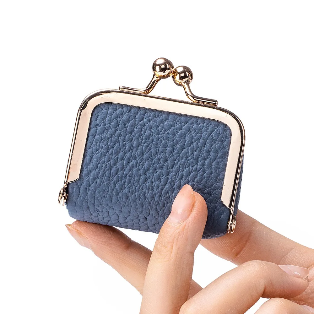 Retro Solid Color Small Wallets Genuine Leather Kiss Lock Storage Bag Mini Coin Purse