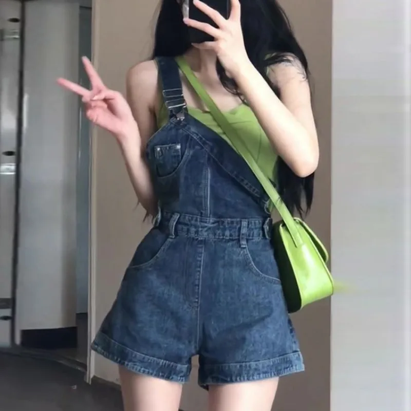 Celana pendek Jeans biru antik musim gugur untuk wanita Jumpsuit Denim overall anak perempuan baju monyet celana pinggang tinggi Y2k