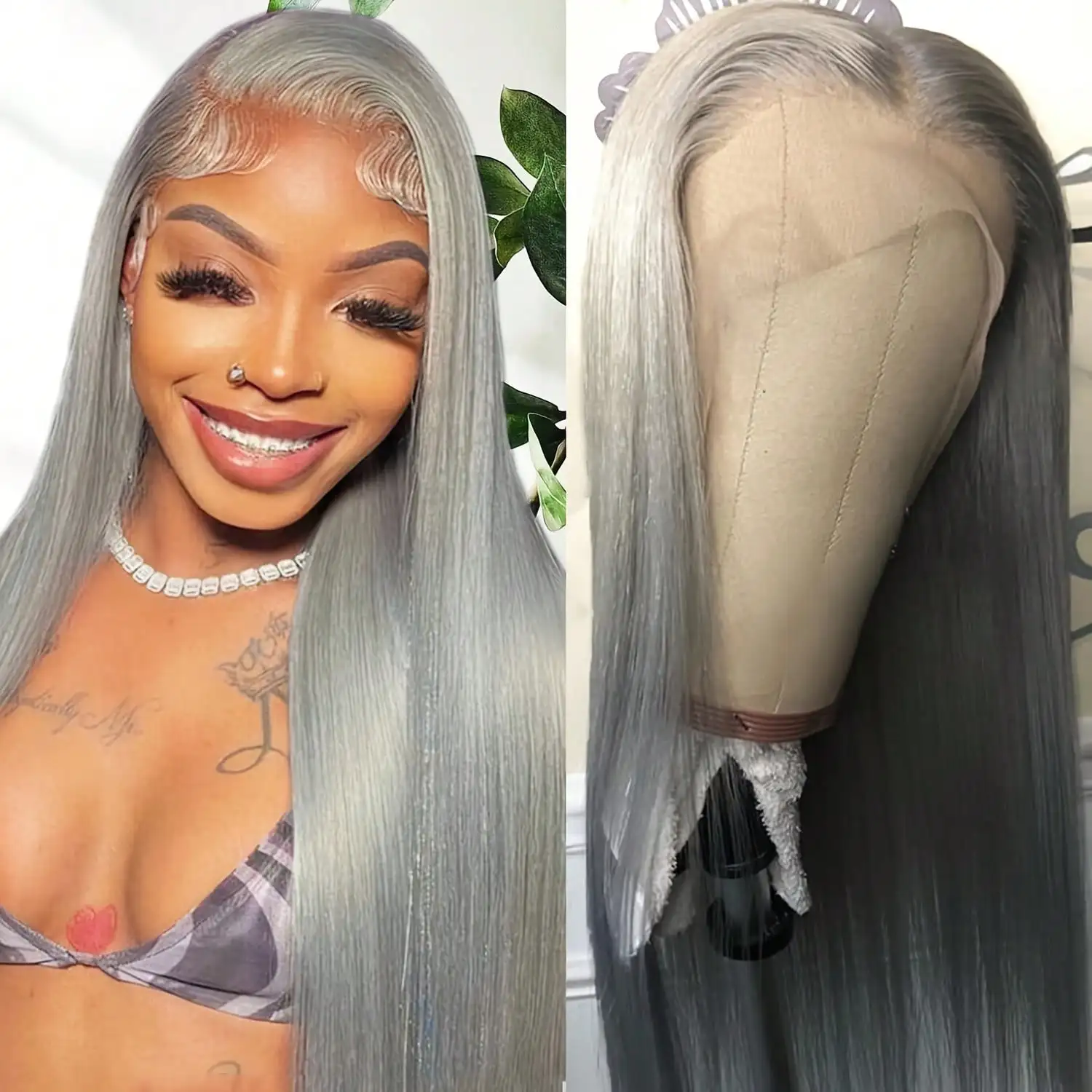 

Silver Grey Straight Wig Synthetic Lace Front Wigs Elegant Casual 13x4 Lace Frontal Wig Free Parting Synthetic Lace Front Wig