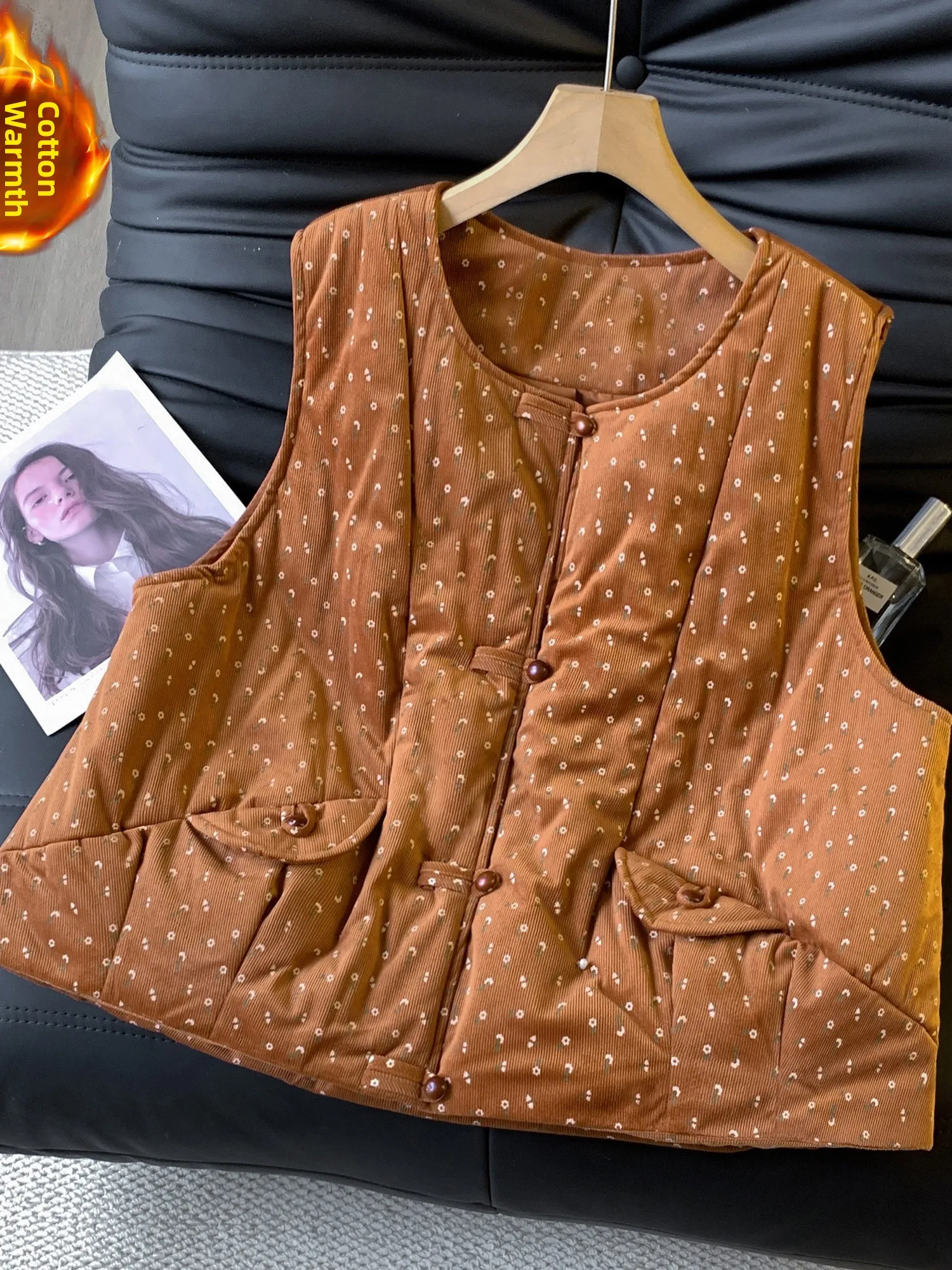 Retro Japanese Style Corduroy Floral Women's Vest Loose Fit round Neck Cotton Lined Jacket Casual Comfortable Home Wear