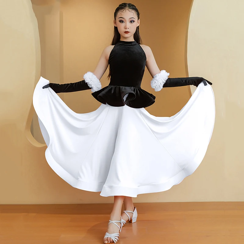 Kinder Mädchen Samt Walzer Ballsaal Dancewear Wettbewerb Kleider Herbst Winter Professionelle Tanz Kostüm Rumba Moderne Kleidung