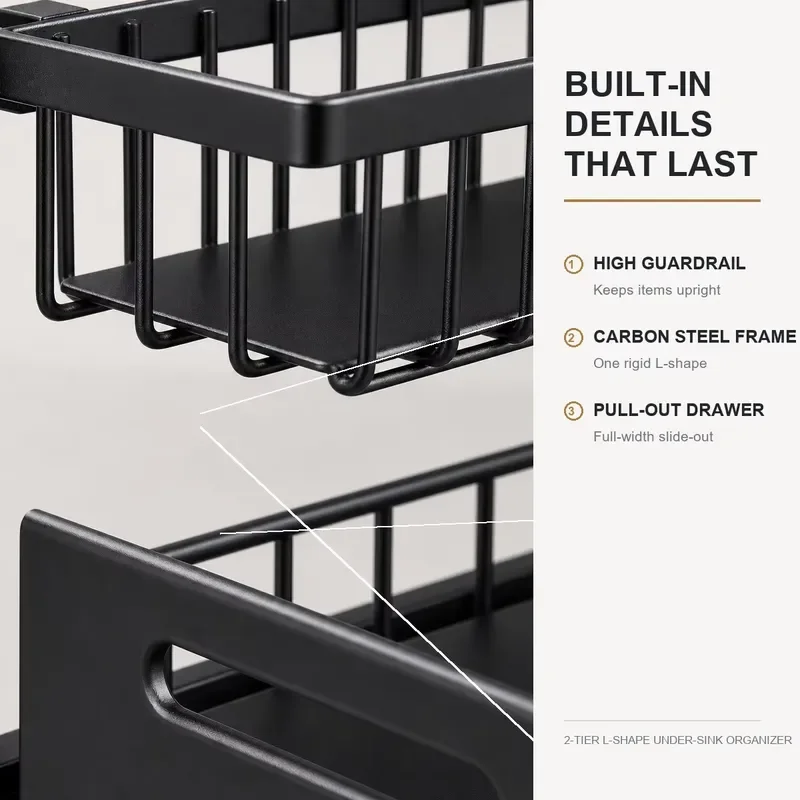 Storage rack under sink Carbon steel two-layer pull-out drawer basket L-shaped slide-out kitchen storage rack Bathroom use