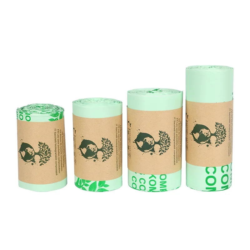 Bolsa de basura de clasificación compostable, bolsa de basura de almidón de maíz para el hogar de boca plana de rollo continuo totalmente biodegradable, PLA