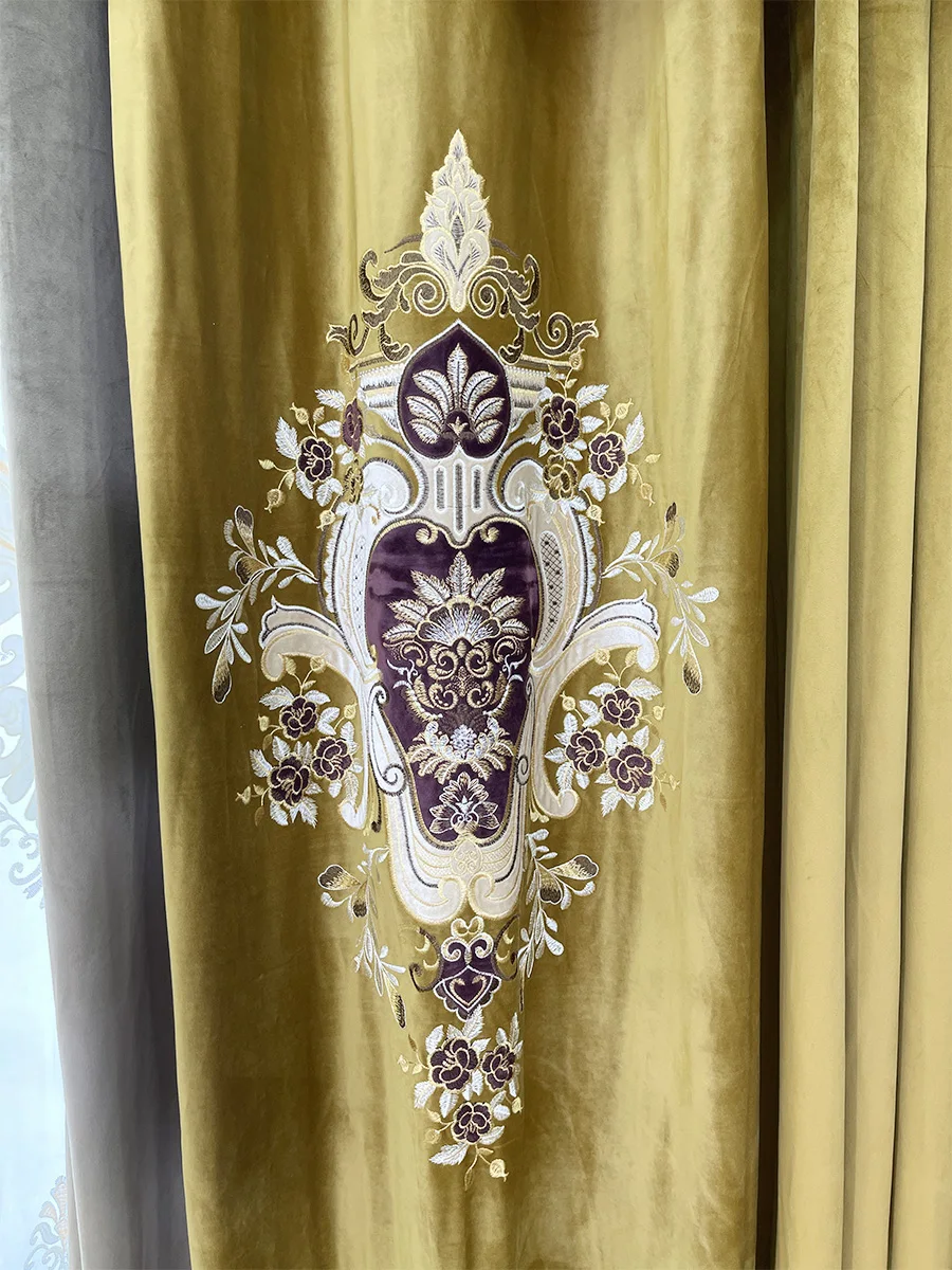 

Изготовленная на заказ европейская золотая французская бархатная вышитая толстая занавеска из тюля M1572