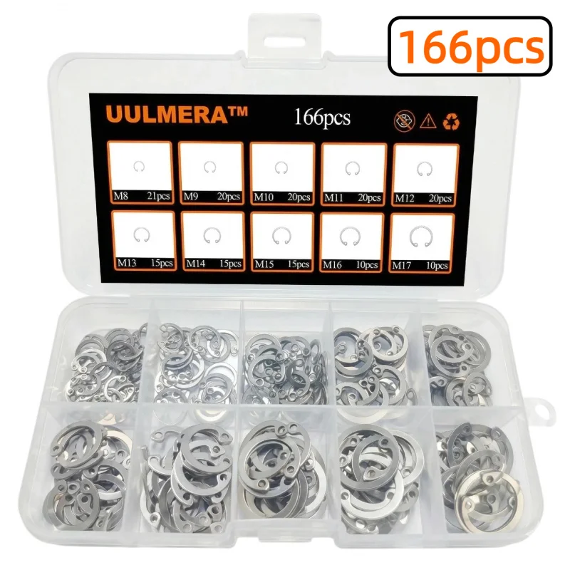 UULMERA 166pcs Internal Circlip Snap Ring Assortment 304 Stainless Steel 10 Sizes C-Type Metric Retaining Rings M8-M17 for Bore