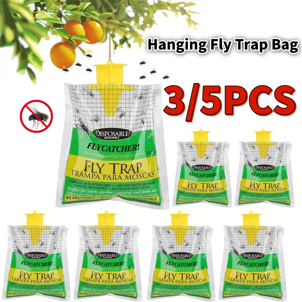 3/5PCS Hanging Fly Trap Bag with Fly Bait Disposable Flies Trap Non-Toxic Mosquito Trap Catcher Fly Wasp Insect Bug Killer