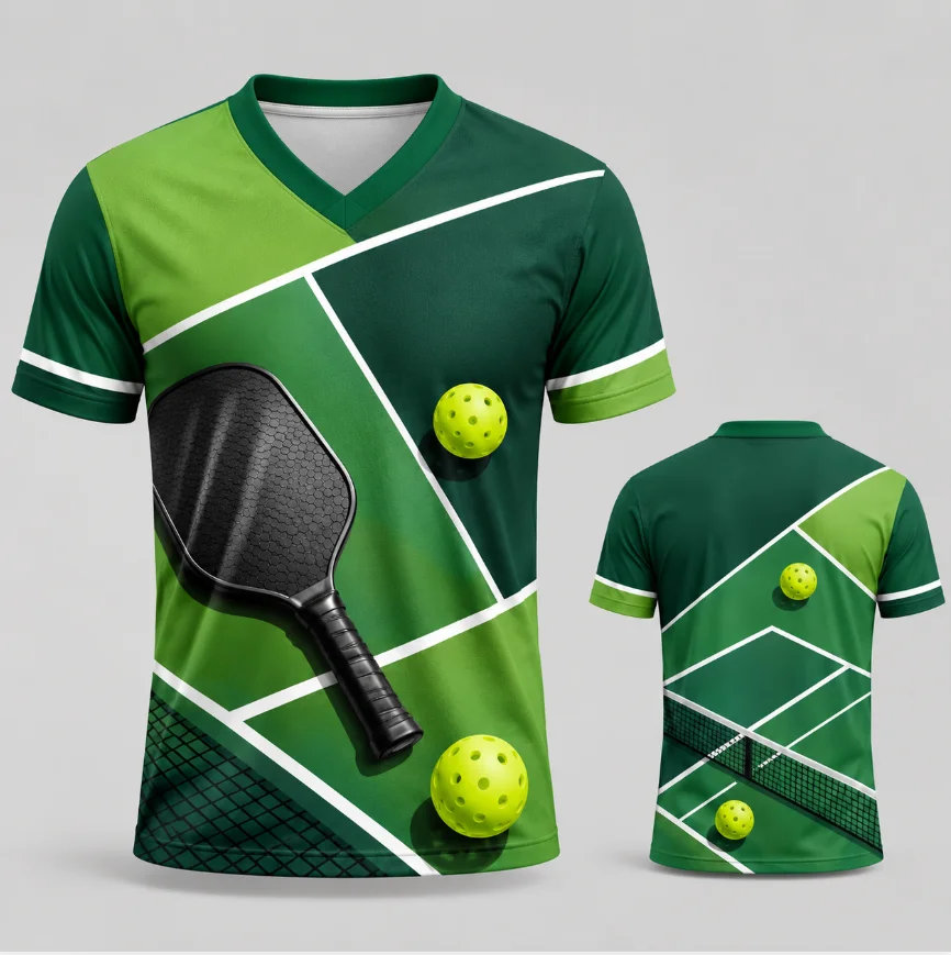 Unisex Pickleball V Neck Sports Jersey, Pickle Racket & Ball Court Print Quick Dry Short Sleeve Training Tee Oversized T Shirt