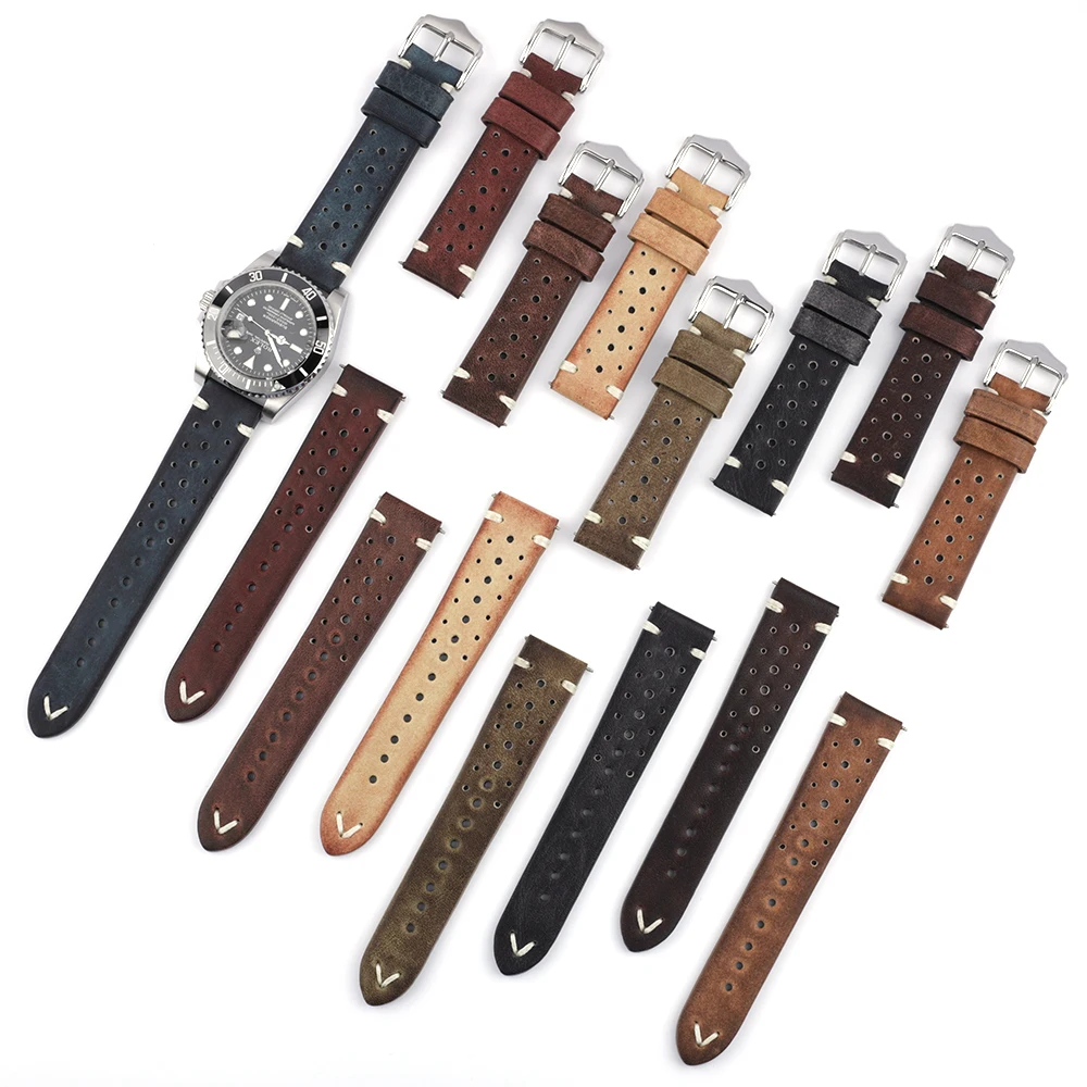 خمر تلوين جلد طبيعي حزام الساعات مسامية تنفس اليدوية خياطة Wirstband 20 مللي متر 22 مللي متر 24 مللي متر حزام ساعة اليد للرجال #2