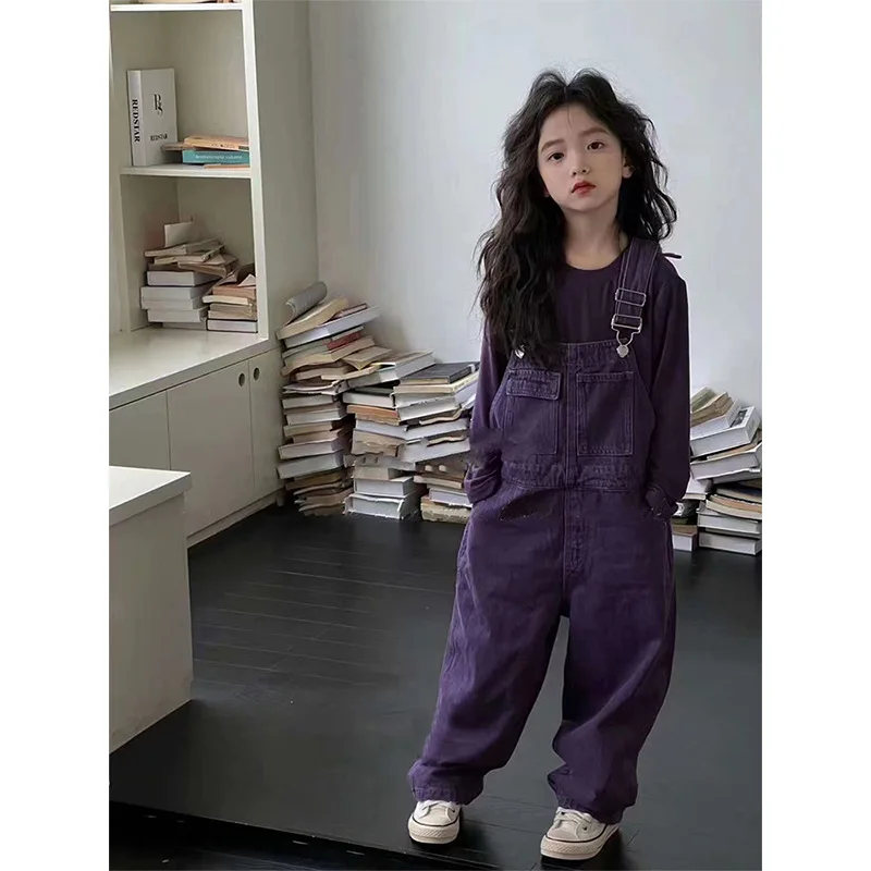 

Girls Cargo Suspender Pants Denim Overalls Children Autumn New Fashion Casual Purple Casual Jeans