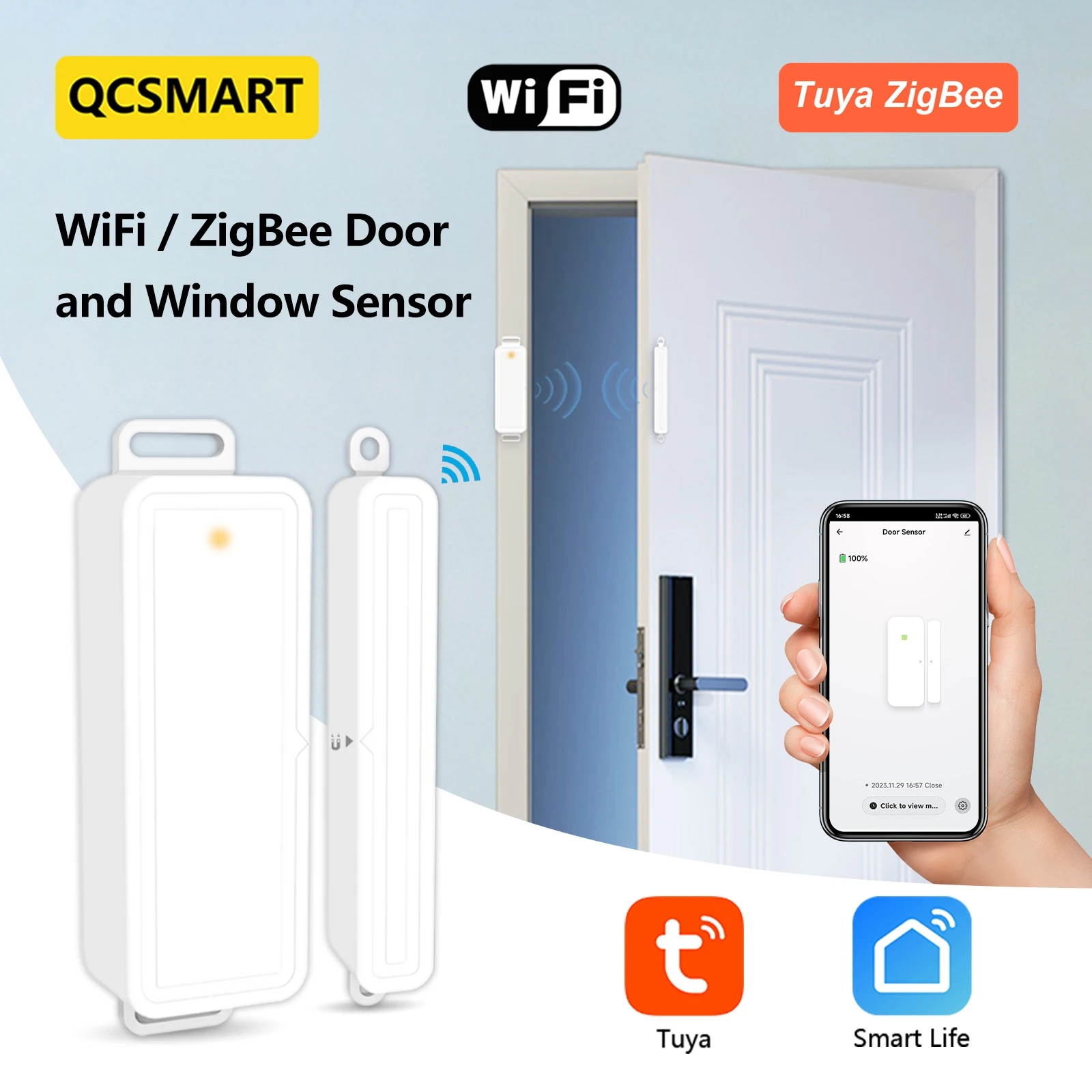 Tuya Wireless ZigBee and Wi-Fi Door Sensor Scene Linkage via Switch Smart Life Security Early Warning Alert System