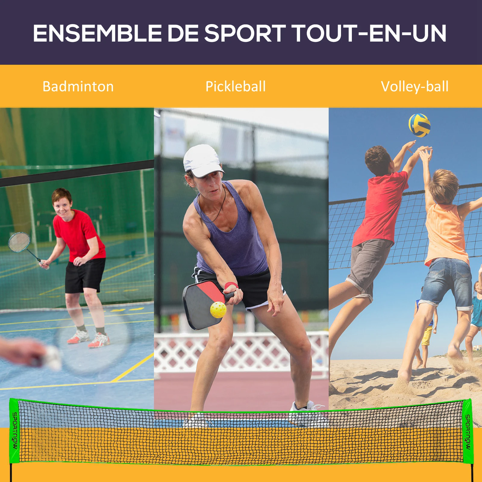 Sportnow Badminton Pickleball Volleybal 3-in-1 Comboset, Buitensportspellen met 107-155cm in hoogte verstelbaar net