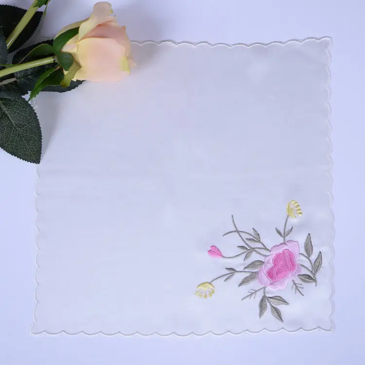 Traditional Chinese Style Floral Embroidery 100 Percent Silk Square Handkerchief Scalloped Edge Hanfu Accessory Multi Colors Sof
