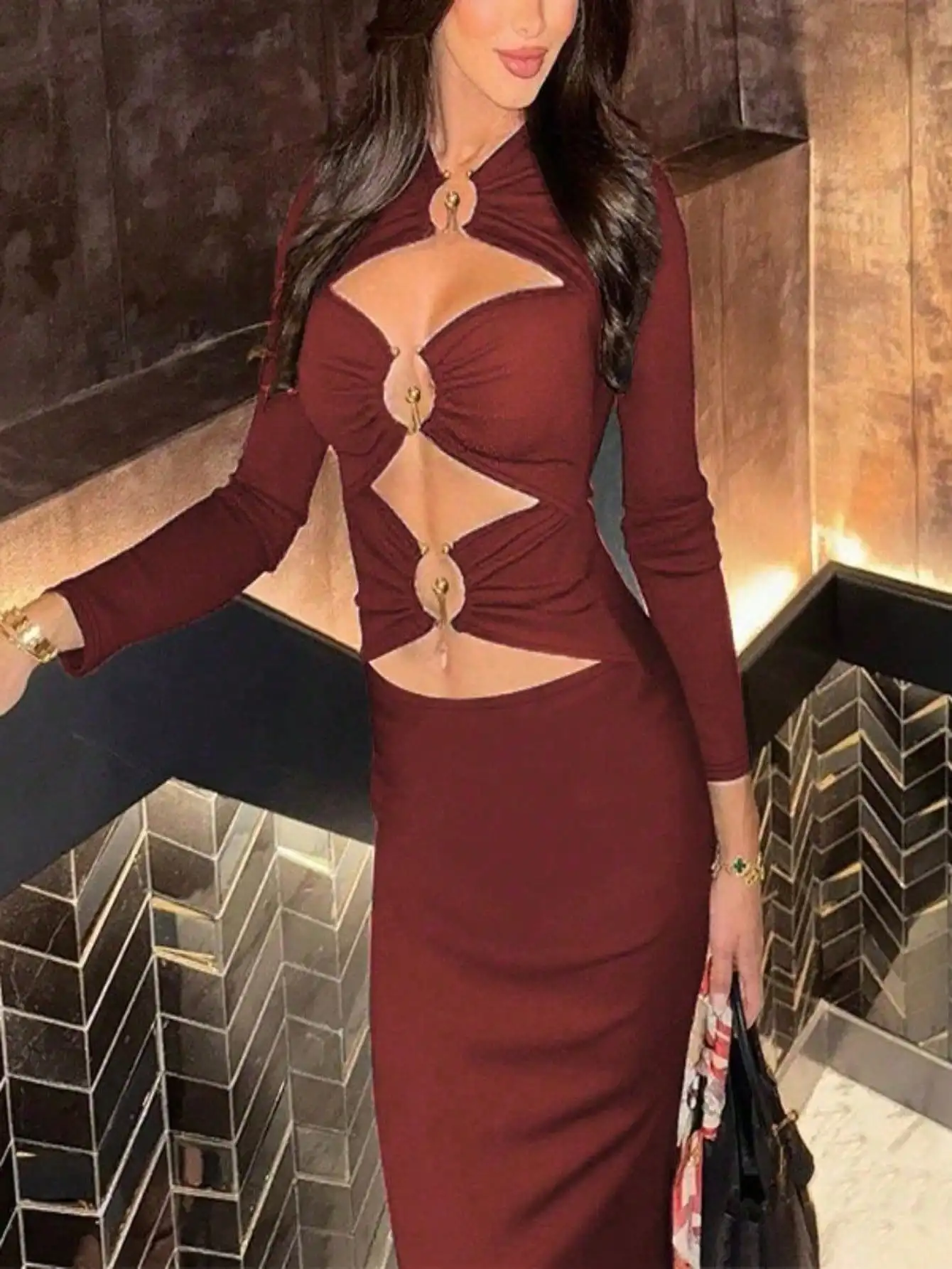 

Provocative Silhouette Maxi - Plunging Neckline with Hardware Accents & Cutout Sleeves