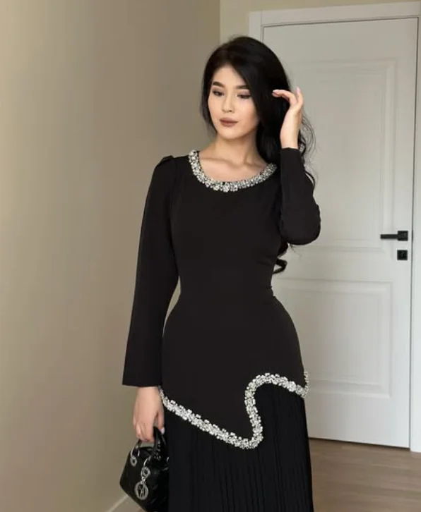 Di alta Qualità Personalizzato Lunghezza Caviglia Piega In Rilievo Maniche Lunghe Nero Vestido De Festa De Casamento Пла coi coi rezorsi®dheтиль Donne
