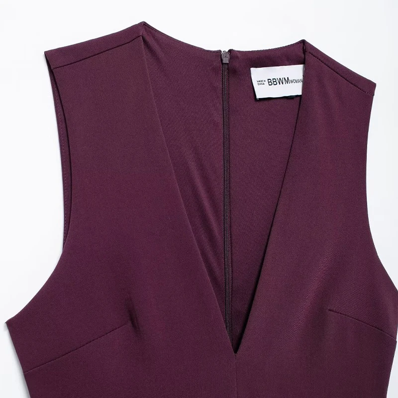 Willshela moda damska z paskiem fioletowa plisowana z zamkiem błyskawicznym na plecach Mini sukienka Vintage dekolt w serek bez rękawów kobiece