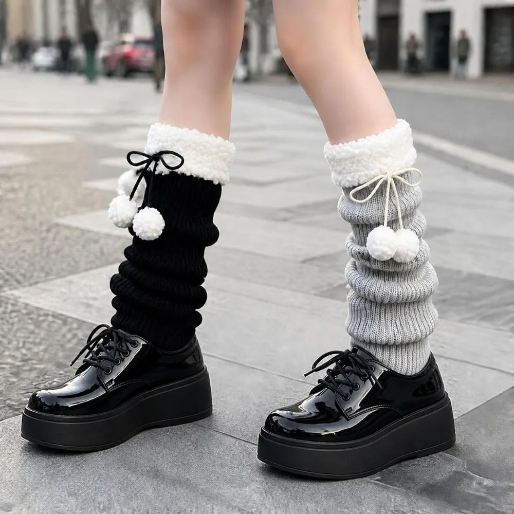 Stylish Gothic Knit Leg Warmers Harajuku Slouchy Fuzzy Cuff Leg Covers Decorative Bow Pom Pom Leg Warmers Winter Autumn Warm