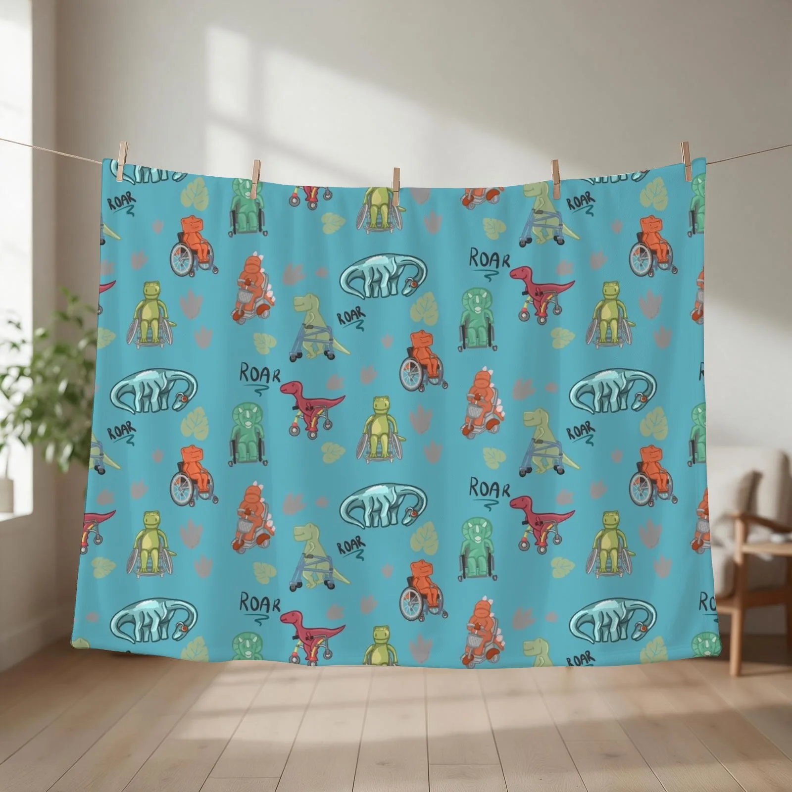 Dinos with Mobility Device Blanket Design Throw Blanket couch cozy soft plush fuzzy picnic outdoor blanket