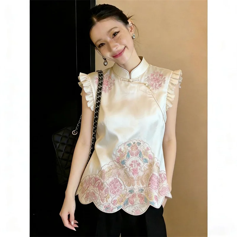 New Chinese Embroidered Flying Sleeve Vest Female Summer New Temperament Joker Sleeveless Collar Button Ladies Vest Jacket