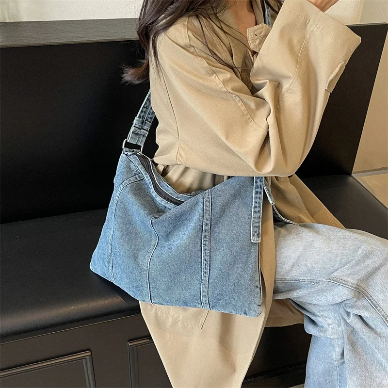 Large Capacity Sewing Thread Denim Zipper Solid Crossbody Bags 2024 High Quality Basic Style Fashion Shoulder Bags for Women