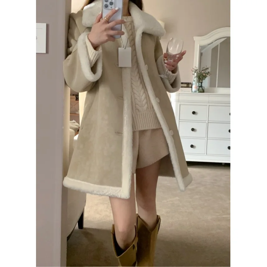 Retro Double-Sided Wear Leather Fur Inteated Medium-Length Coat Women Chic Faion Turn Collar Cotton Clothes Trend