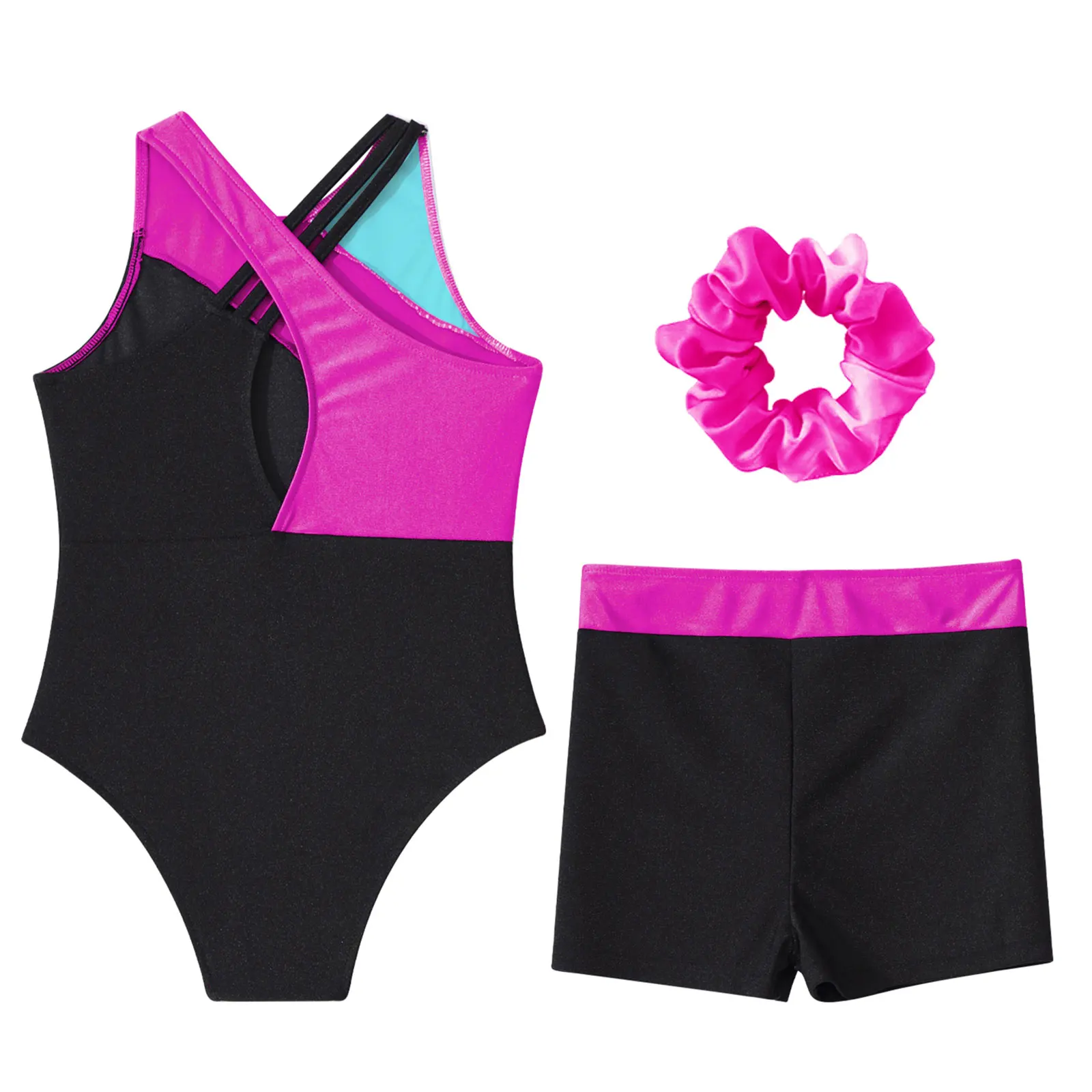 Kids Girls Sleeveless Sparkle Gymnastics Leotard Ballet Dance Unitard Rhinestones Biketard Matching Shorts Scrunchies Sets