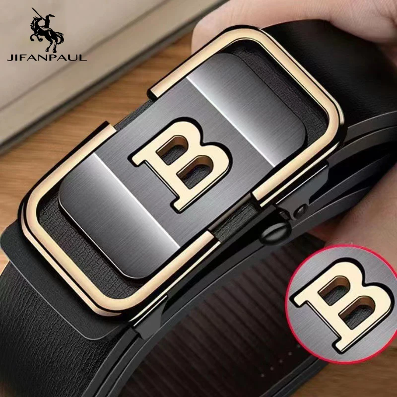 JIFANPAUL New Fashion Men's Belt Toothless Automatic Buckle Belt Alloy Letter Button for Business Fashion High Quality Men'Strap