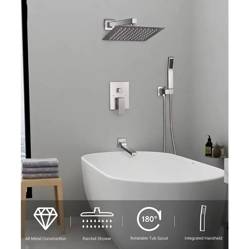 Handheld Sprayer and 10inches Rainfall Shower Brushed Nickel Rain Shower System With Tub Spout