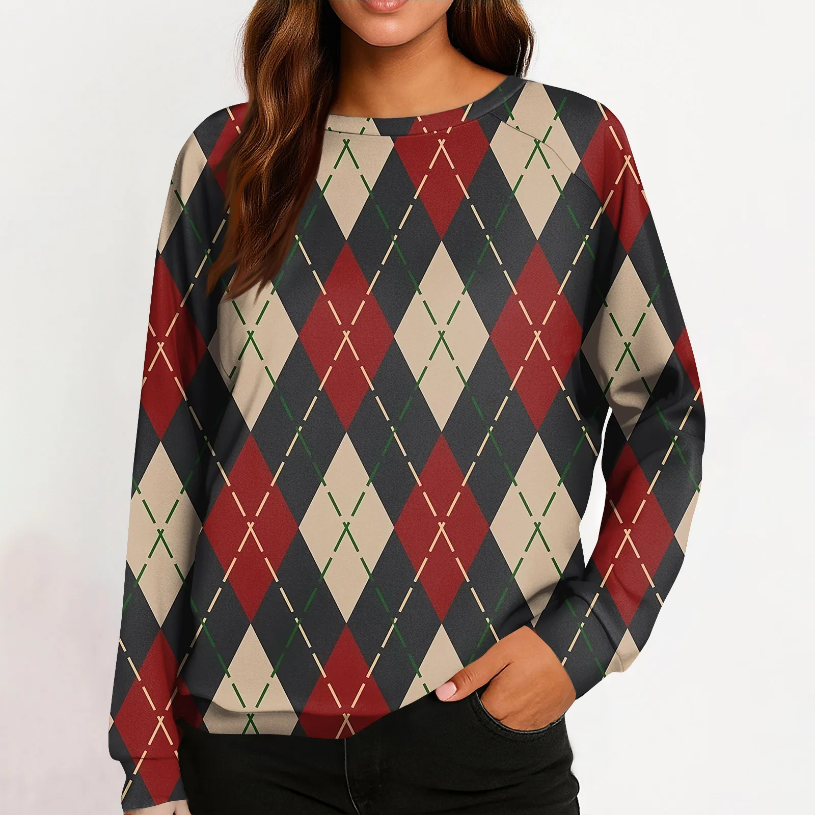 

Diamond Checkered Pattern Top Raglan Sleeve Striped Printed Pullover Casual Round Neck Top Spring And Autumn Women'S Pullover
