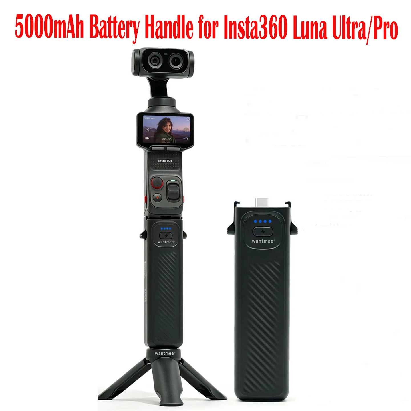 5000mAh Hot-Swap Battery Handle for Insta360 Luna Ultra Pro Extended Runtime Power Grip with USB-C Reverse Charging