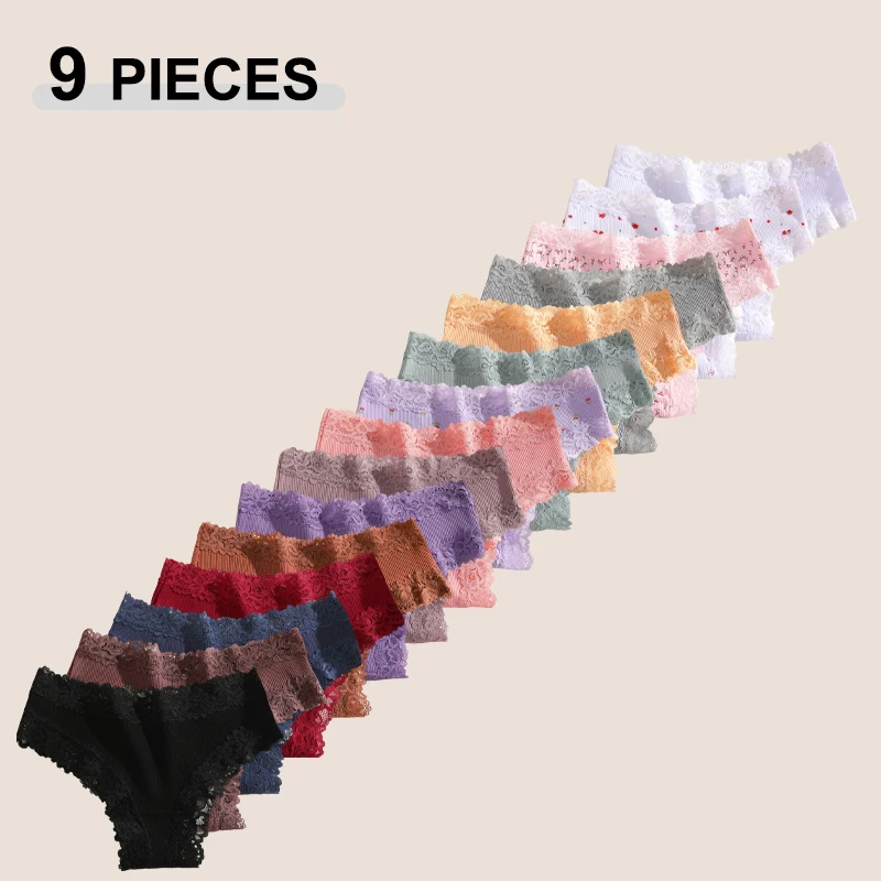 9Pcs/Set Women Seamless Cotton Fabric Brazilian Pants Sexy Lace Patchwork Bikini Panties Ladies Soft Breathable Print Underwear
