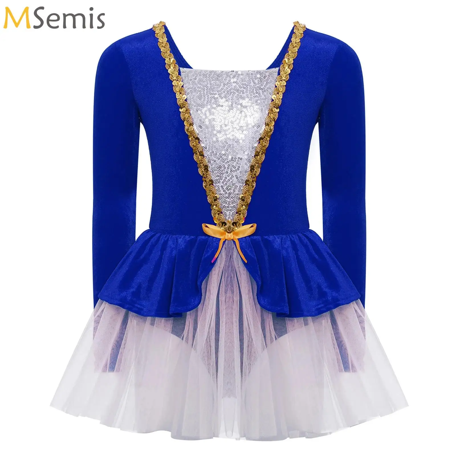 

Kids Girls Figure Ice Skating Costume Lyrical Dance Ballet Gymnastics Leotard Tutu Dress Long Sleeve Sequin Sheer Mesh Dancewear