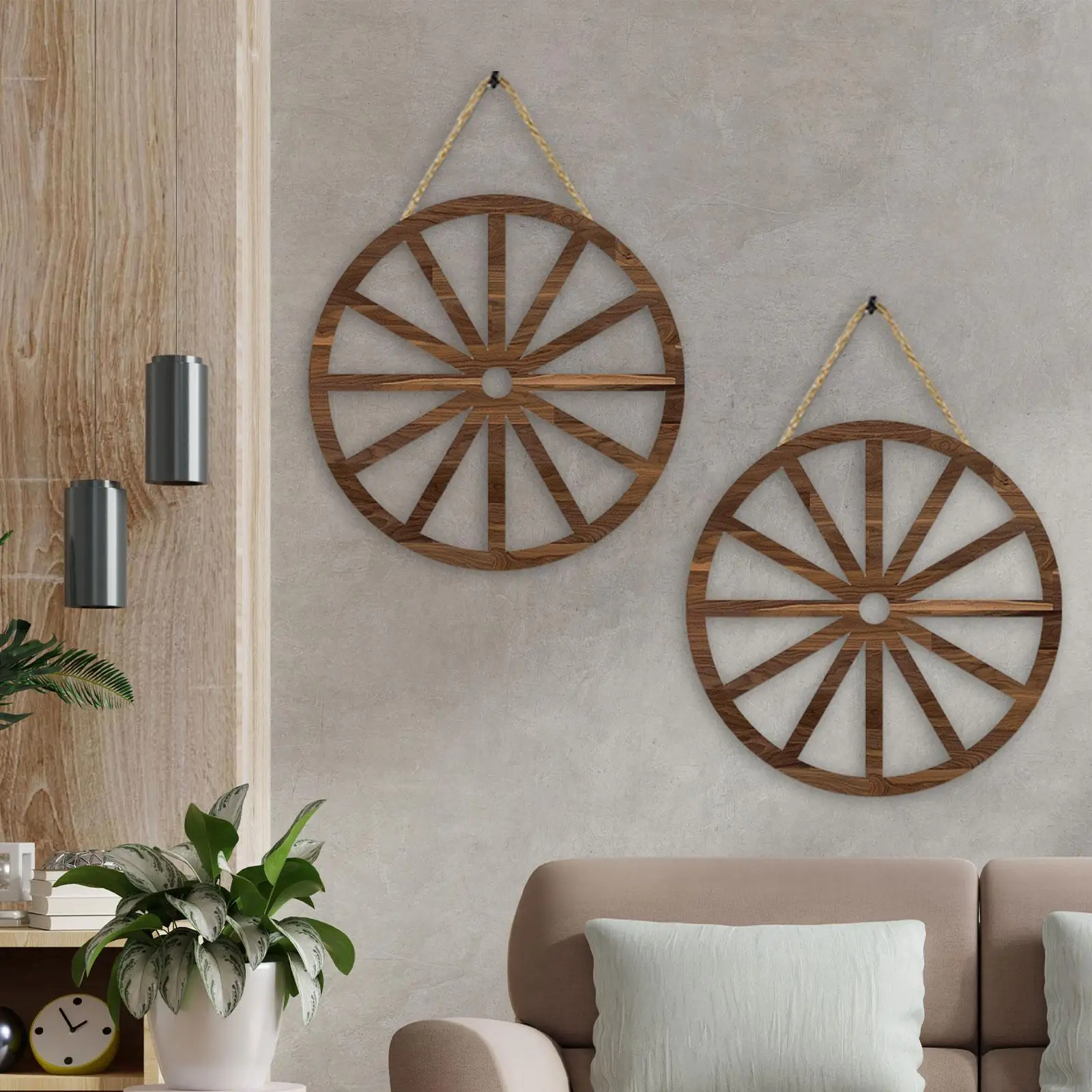 2x Wooden Wagon Wheel Wooden Wheel Hanging on Wall Crafts, Photo Prop, Decorative Wooden Wheel Hanging for Studio Bedroom Bar