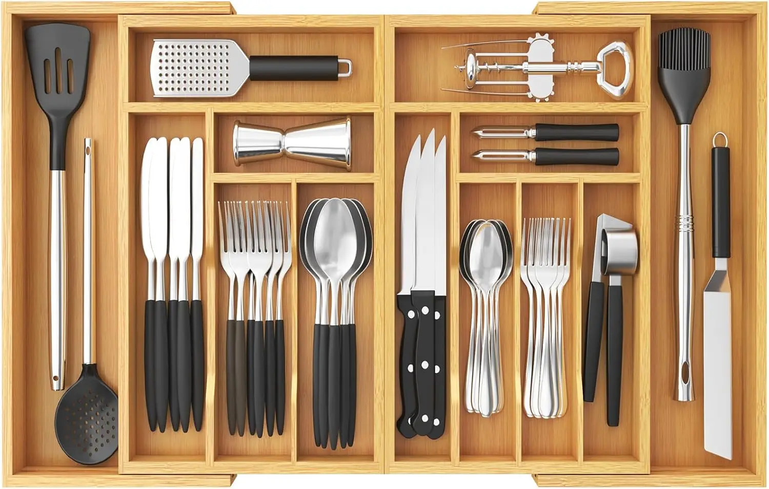 

Large Silverware Drawer Organizer, Expandable 21.4 to 36 Inches Wide, Bamboo Utensil Tray for Kitchen