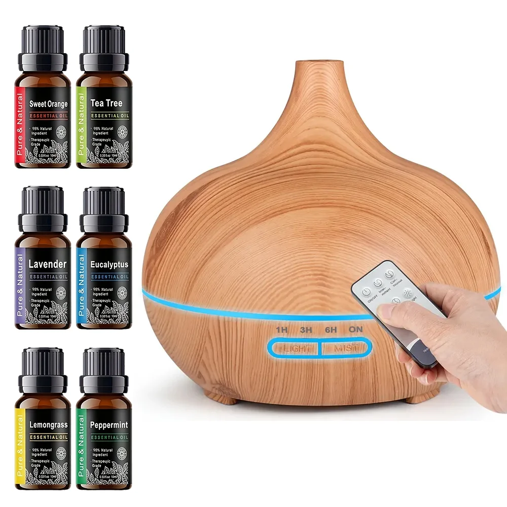 

550ml Aroma Diffuser with Remote Control Wood Grain Timer, Cool Mist Humidifier for Large Room with 6 Oil Set
