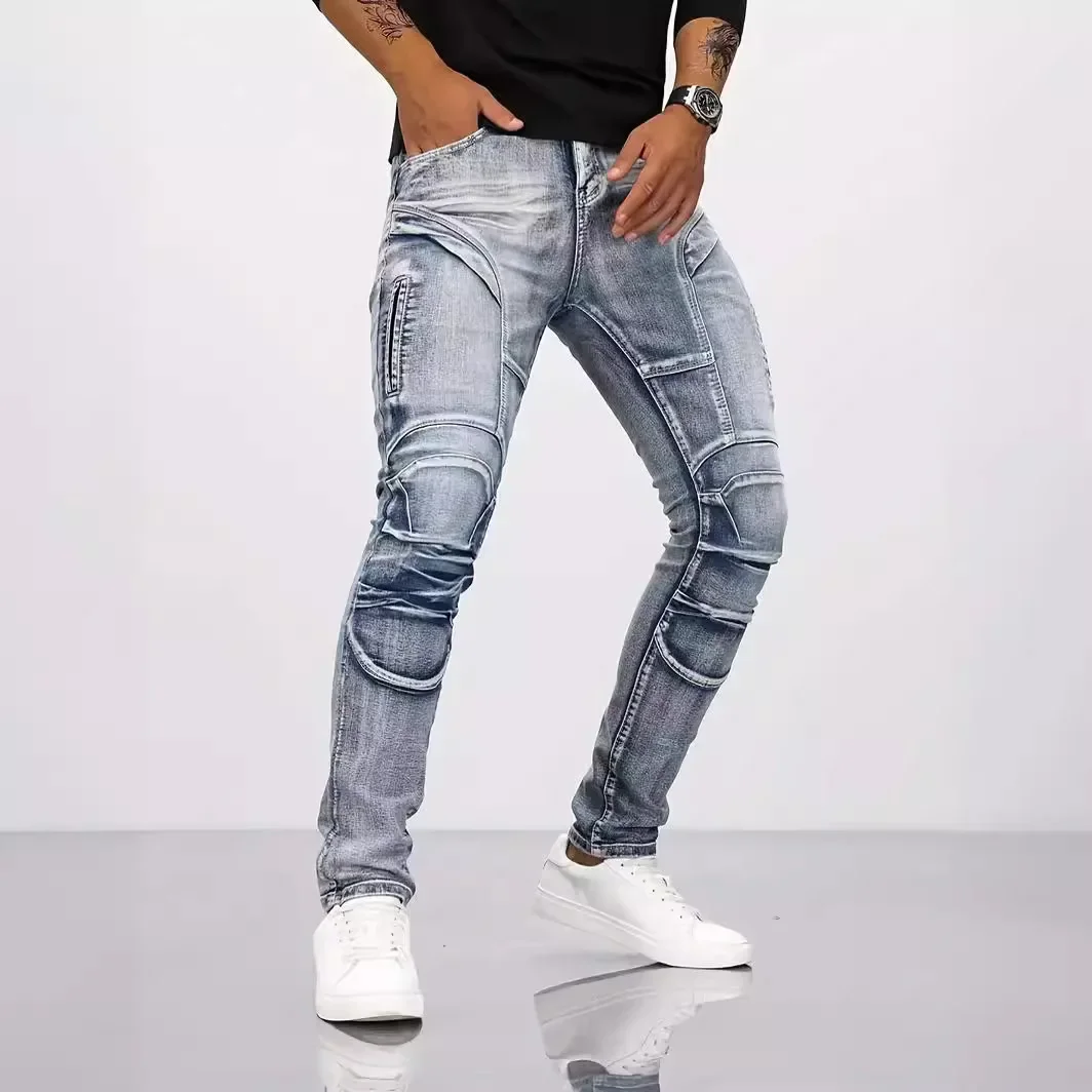 

Men Pencil Jeans Ankle Length Denim Pants Washed Ripped Jeans Spliced Patchwork Pockets Slim Fit Moto Biker High Waist Man New